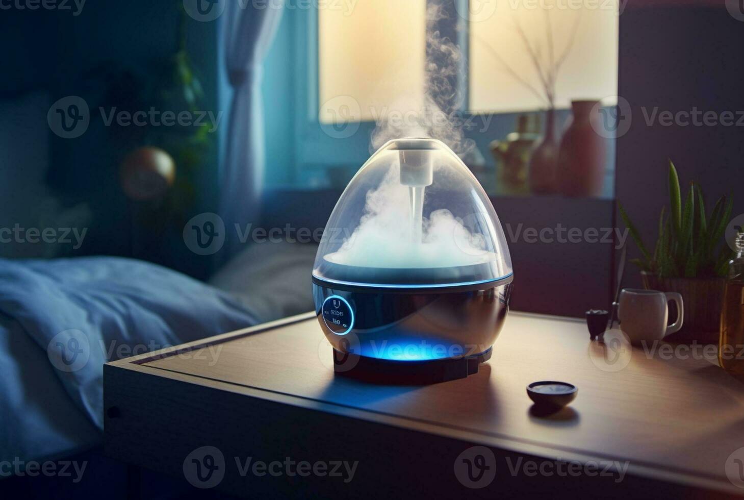 Modern air humidifier on table indoors. generative ai photo