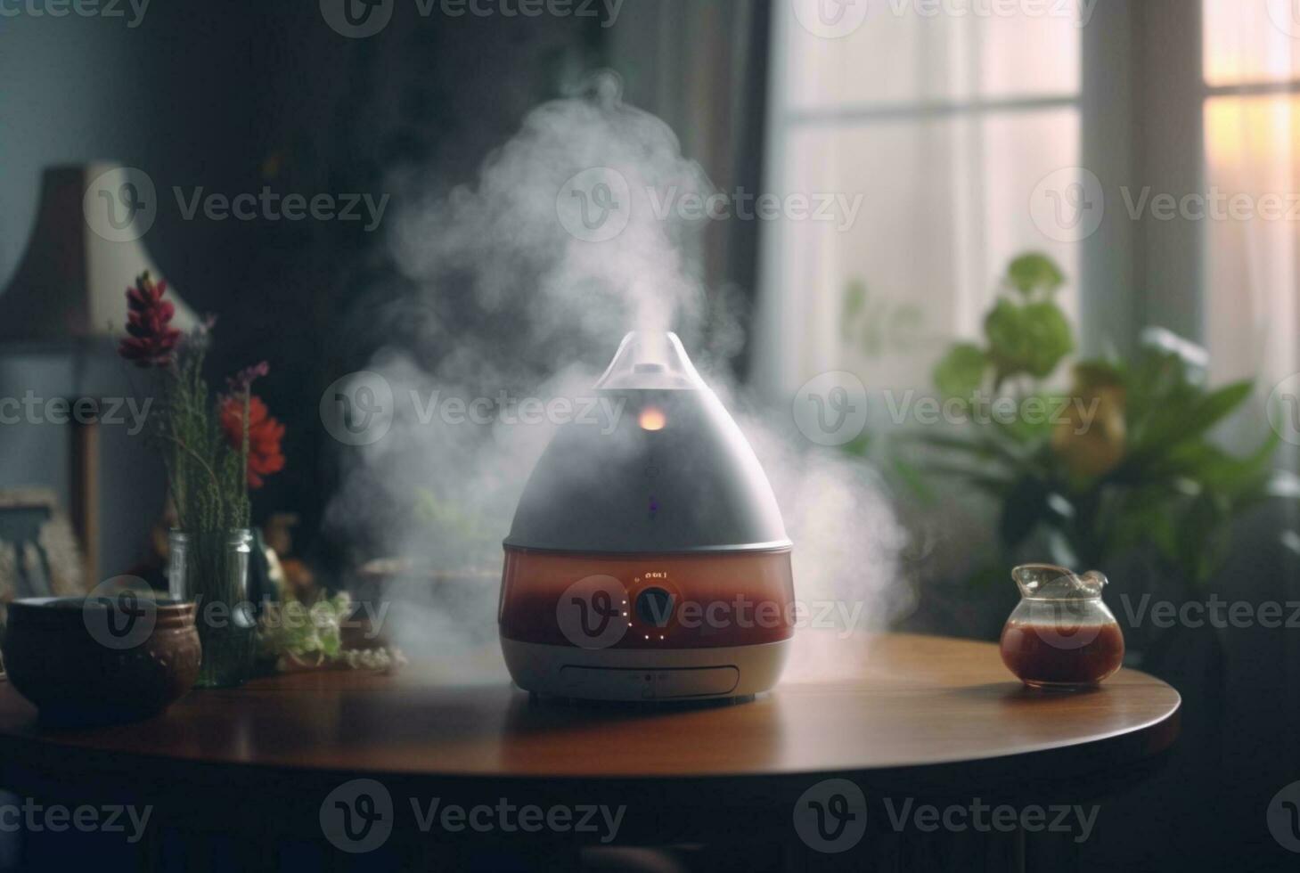 Modern air humidifier on table indoors. generative ai photo