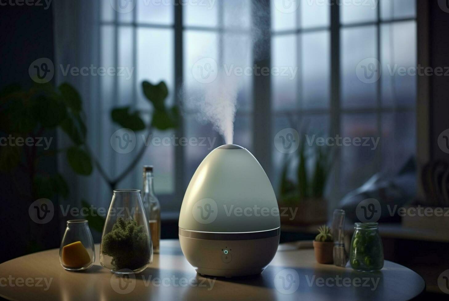 Modern air humidifier on table indoors. generative ai photo