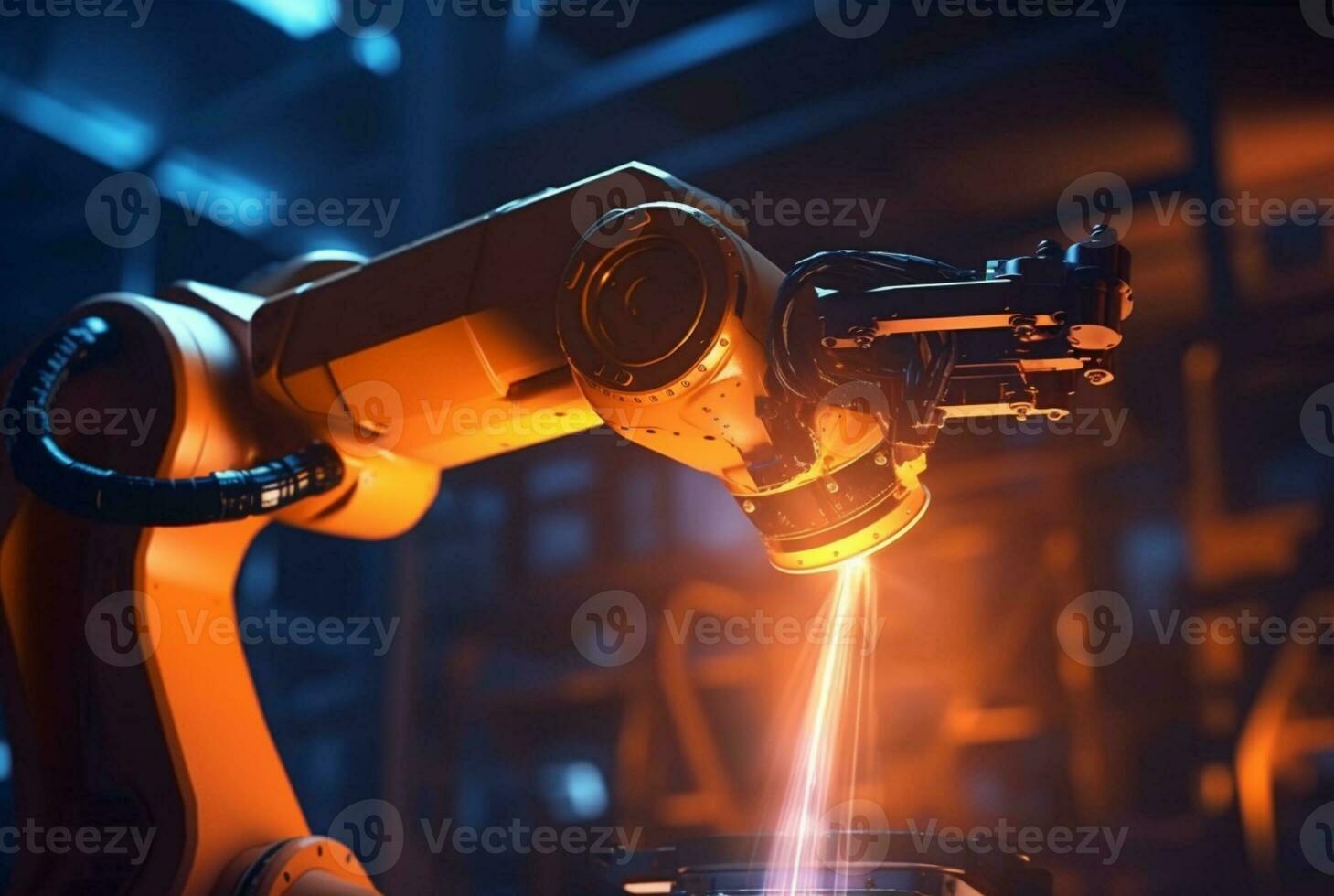 Mechanical industrial robotic arm for assembly in factory production line. generative ai photo