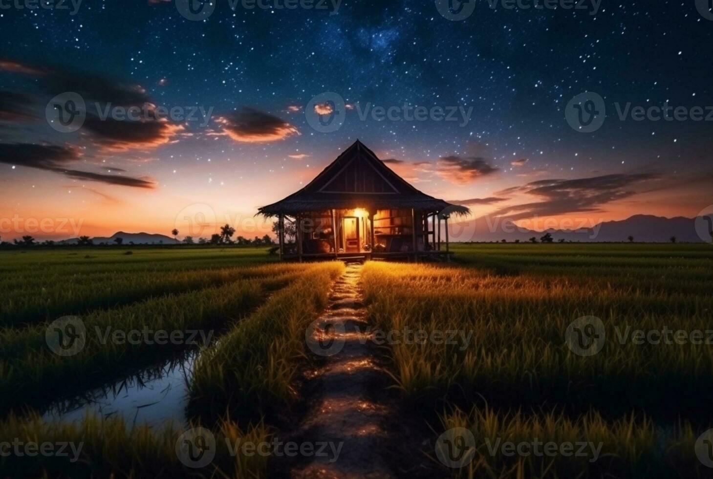 landscape view of a hut in the middle of a rice field with a milky way. long exposure photography. generative ai photo