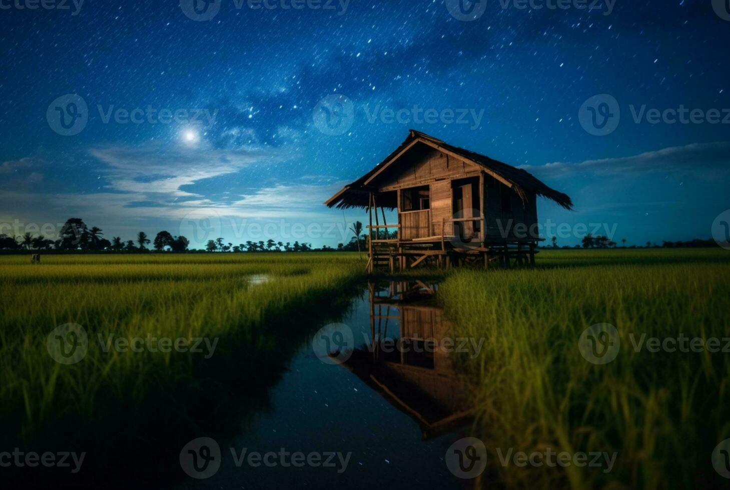 landscape view of a hut in the middle of a rice field with a milky way. long exposure photography. generative ai photo