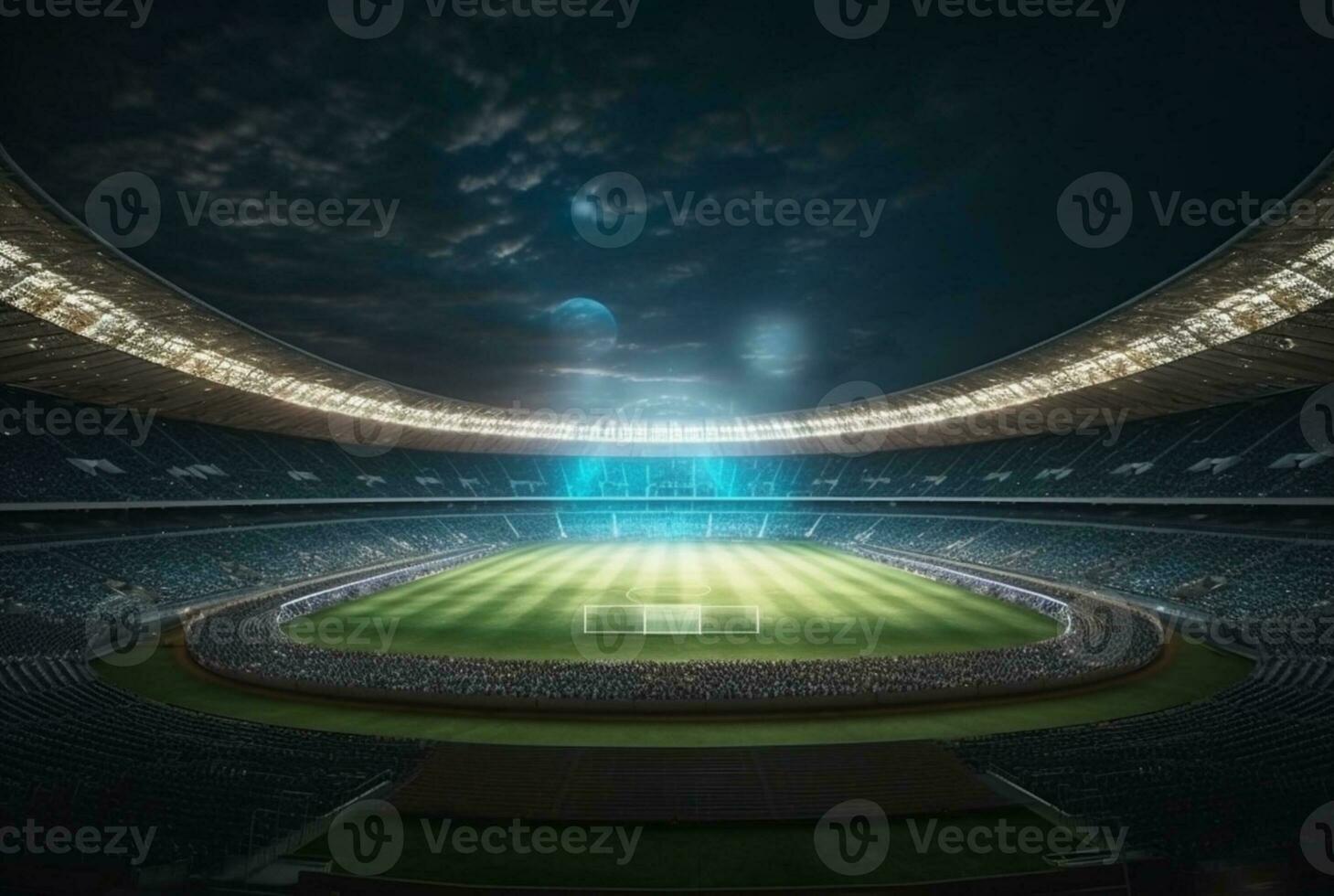 Stadium in lights at night. shiny lights, view from field. generative ai photo