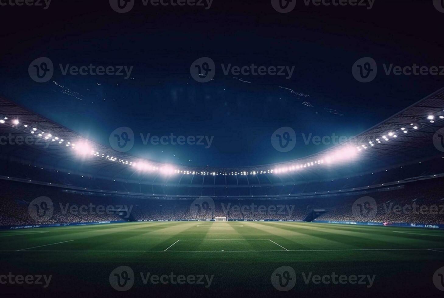 estadio en luces a noche. brillante luces, ver desde campo. generativo ai foto