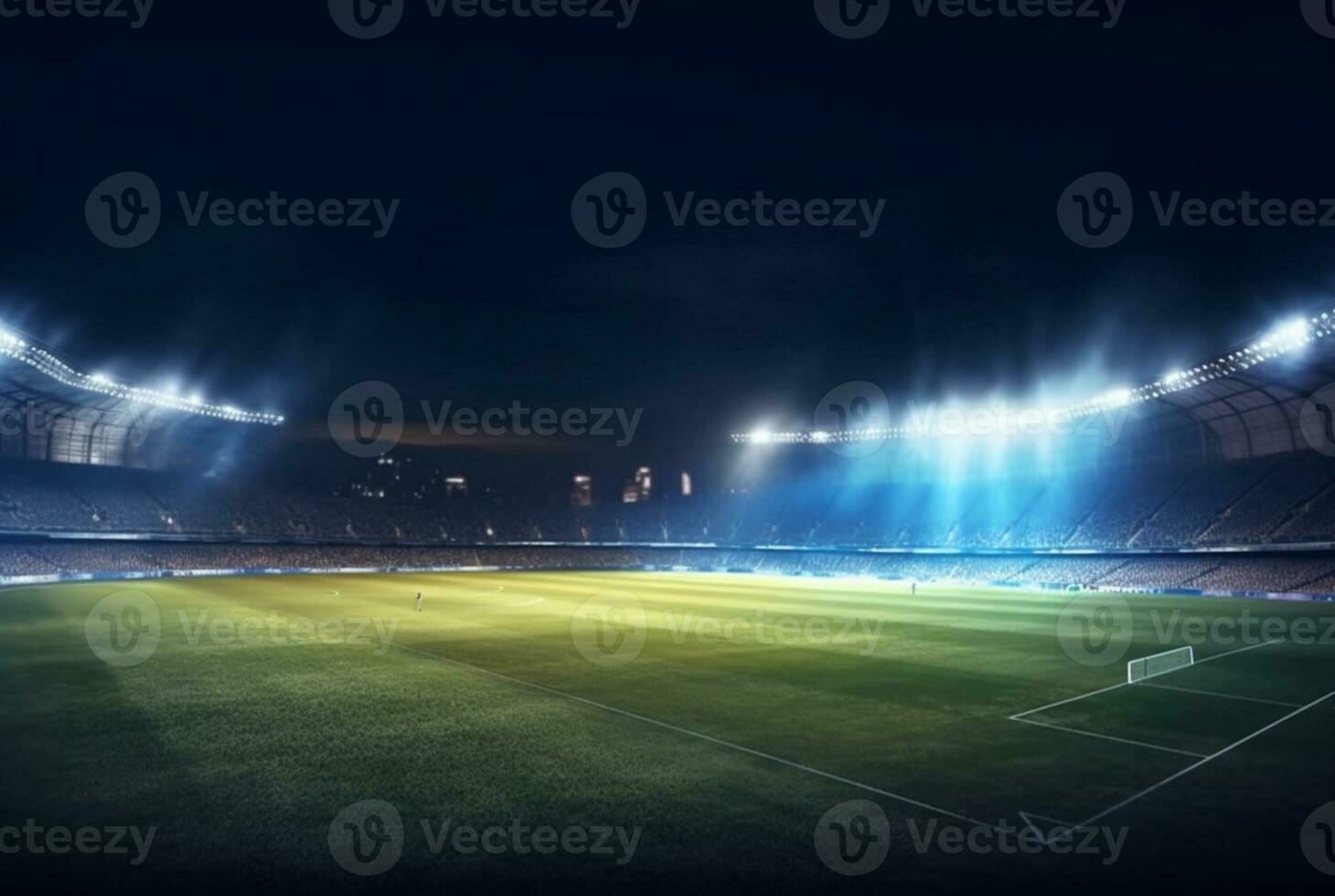 Stadium in lights at night. shiny lights, view from field. generative ai photo