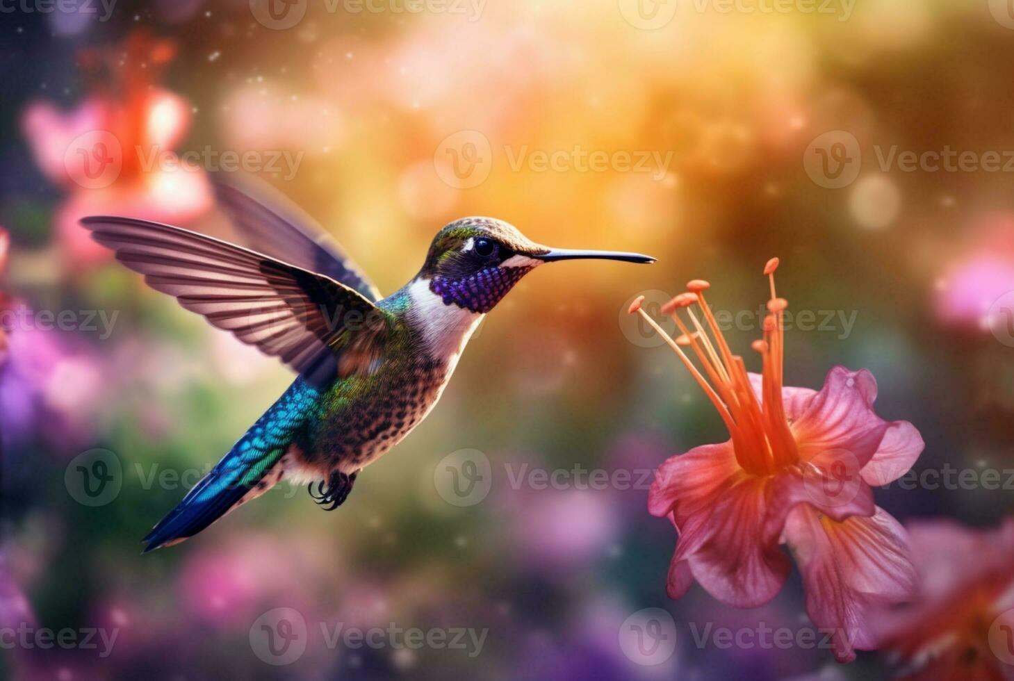 Humming bird hovering over colorful, pollen filled flowers. Generative AI photo