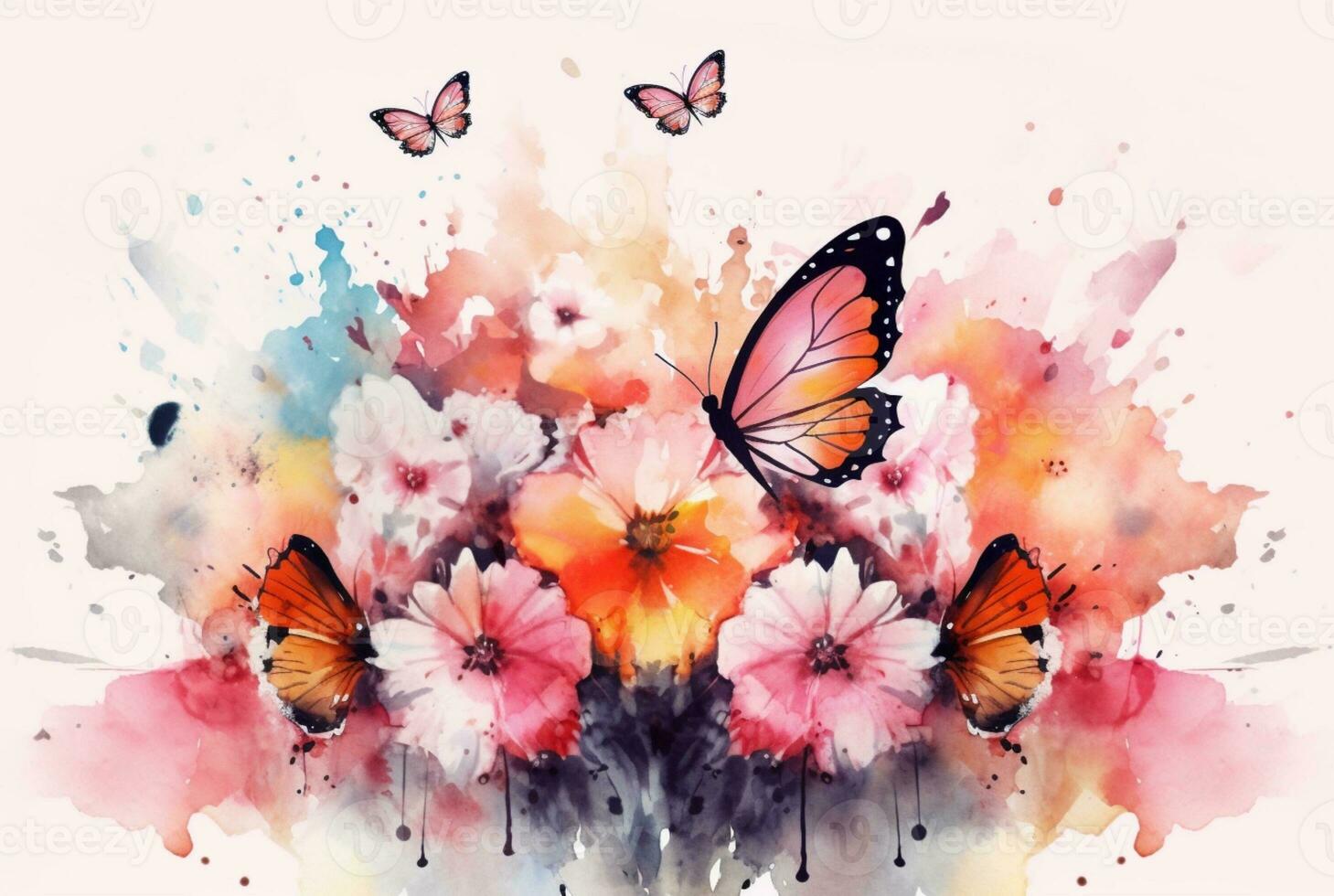 Beatiful Butterfly with flowers,watercolor drawing. generative ai photo