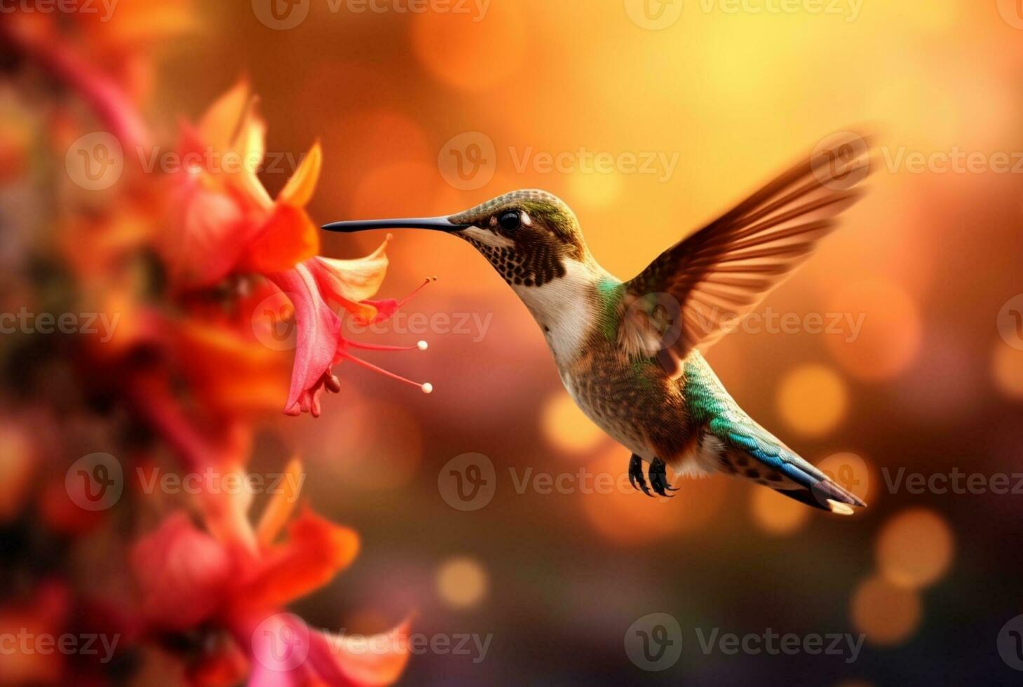 Humming bird hovering over colorful, pollen filled flowers. Generative AI photo