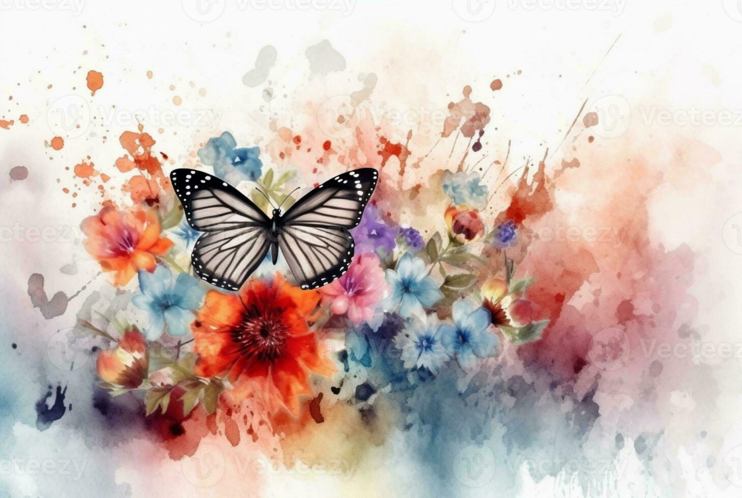 Beatiful Butterfly with flowers,watercolor drawing. generative ai photo