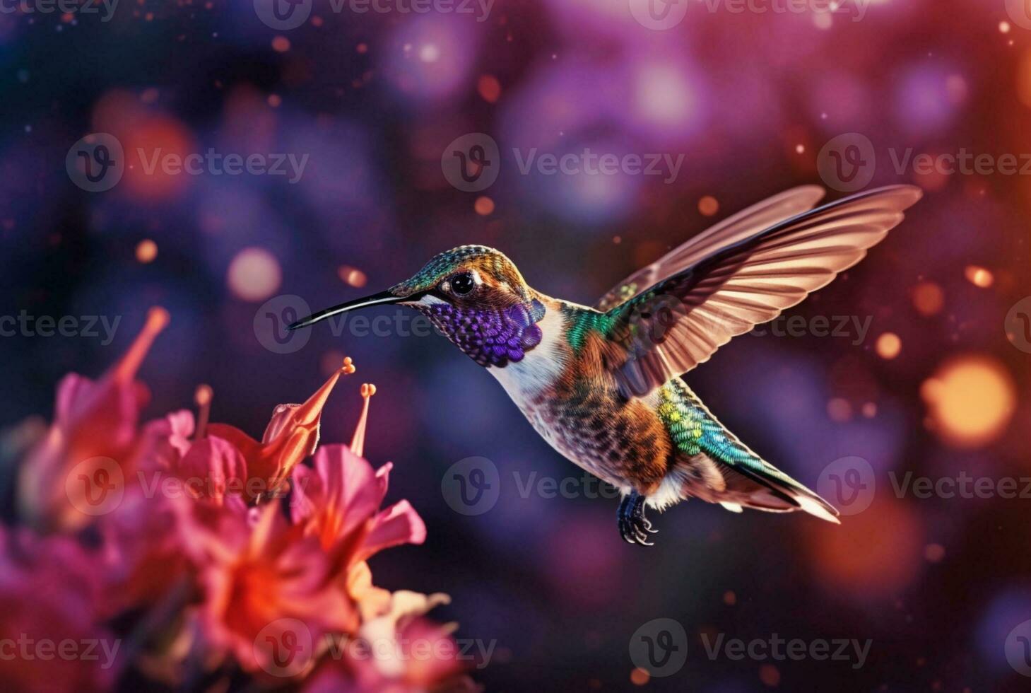 Humming bird hovering over colorful, pollen filled flowers. Generative AI photo