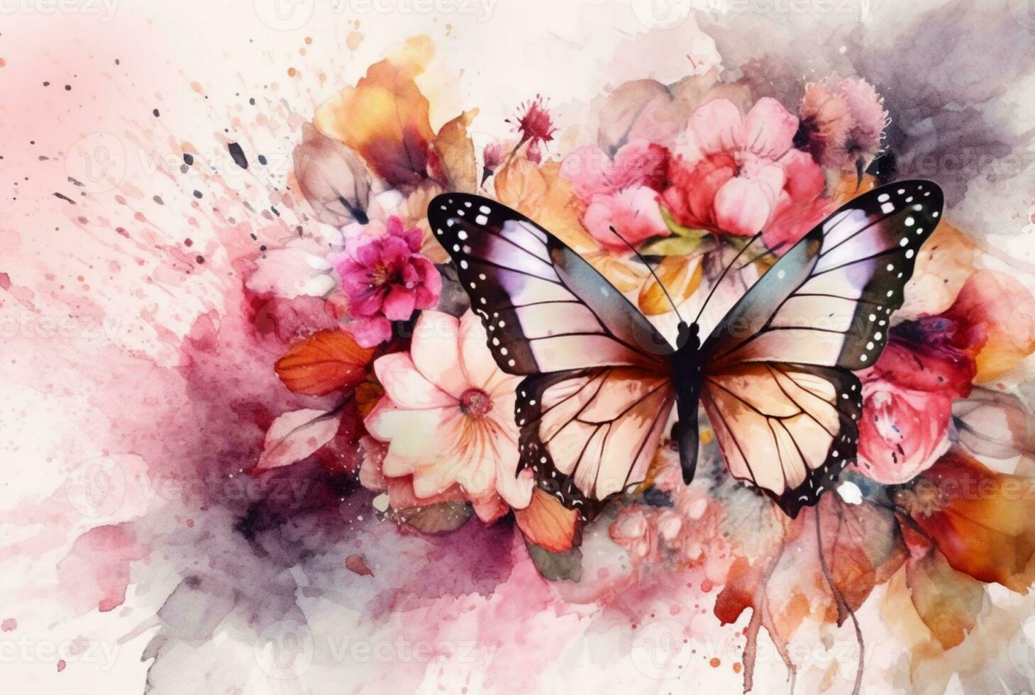 Beatiful Butterfly with flowers,watercolor drawing. generative ai photo