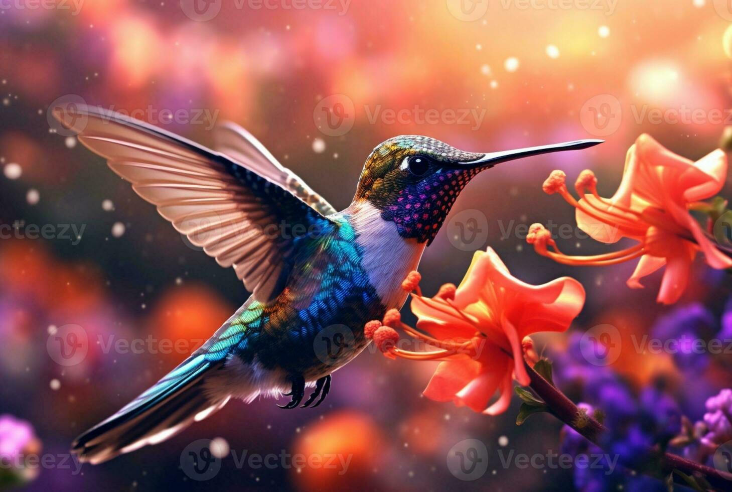 zumbador pájaro flotando terminado vistoso, polen lleno flores generativo ai foto