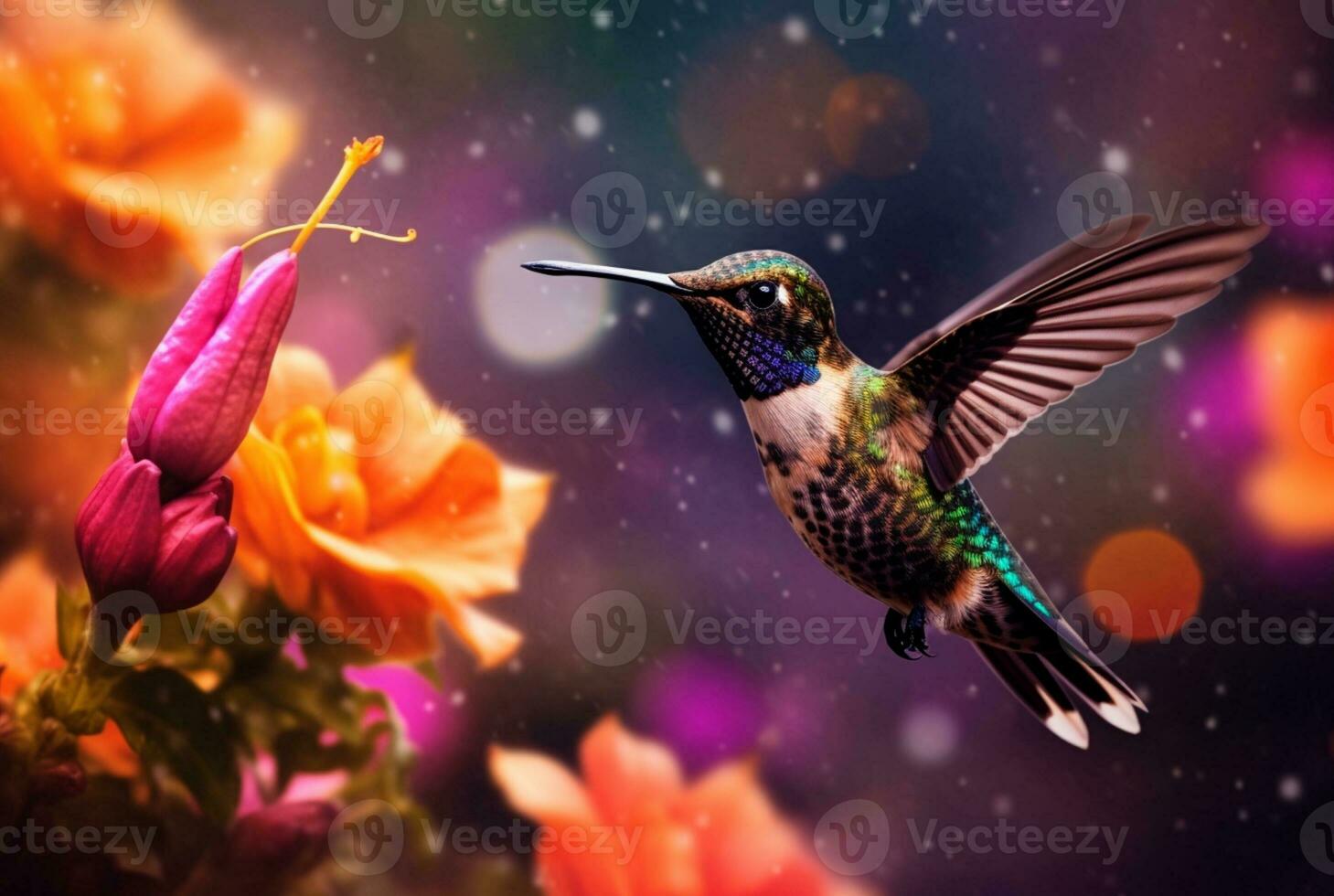 Humming bird hovering over colorful, pollen filled flowers. Generative AI photo