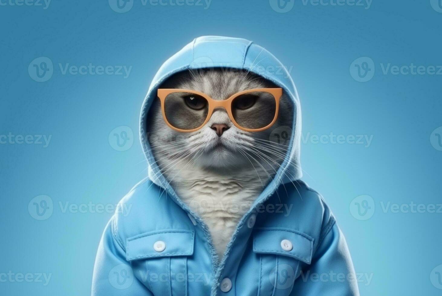 Cute cat wearing jacket and glasses isolated on blue background. generative ai photo