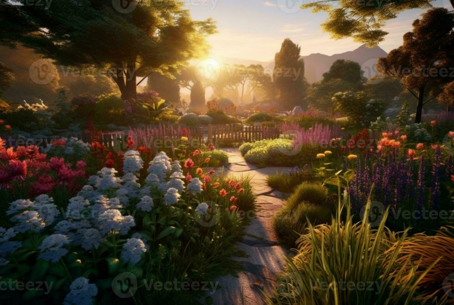 Flower garden with beautiful sunrise in the morning. generative ai photo