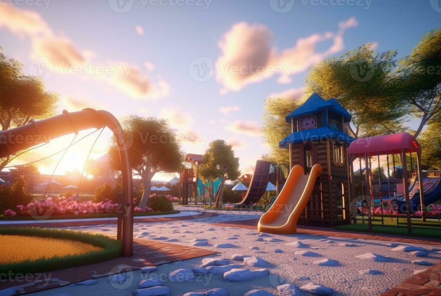 Children's recreation park with beautiful sunrise in the morning. generative ai photo