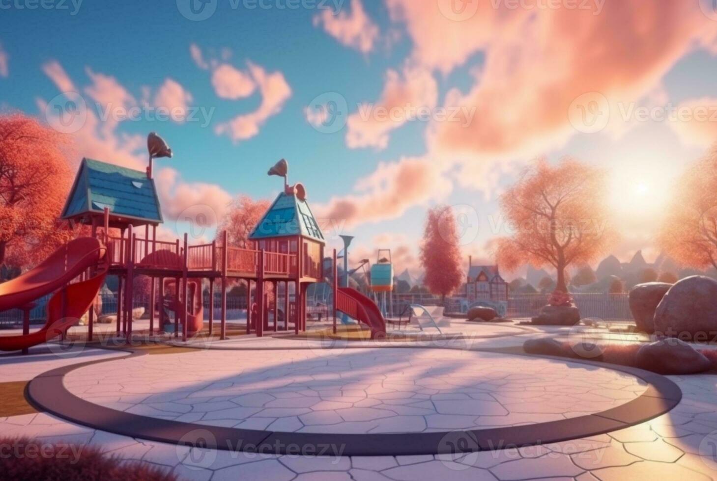 Children's recreation park with beautiful sunrise in the morning. generative ai photo