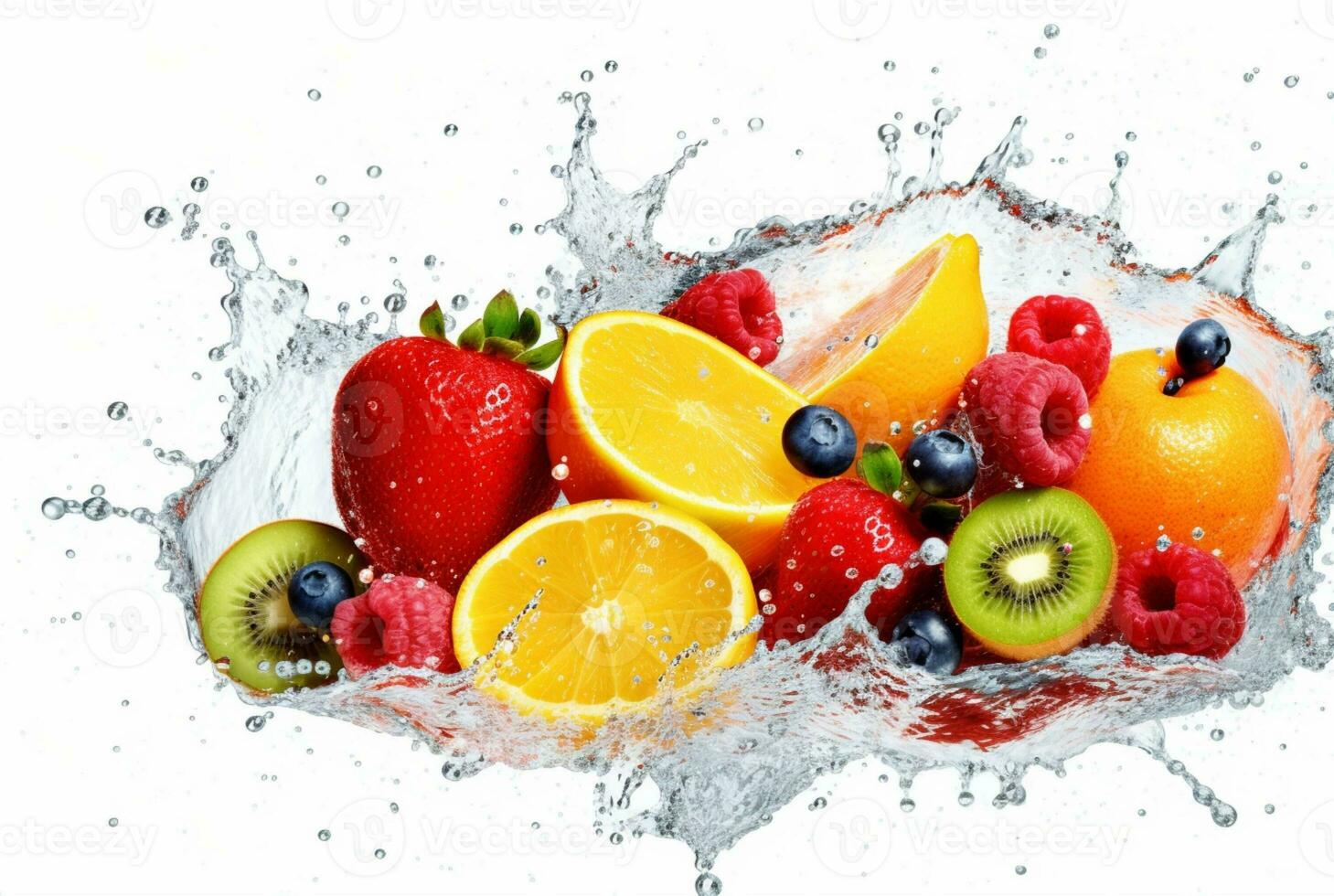 assorted fresh fruits with water splashes isolated on white background. generative ai photo