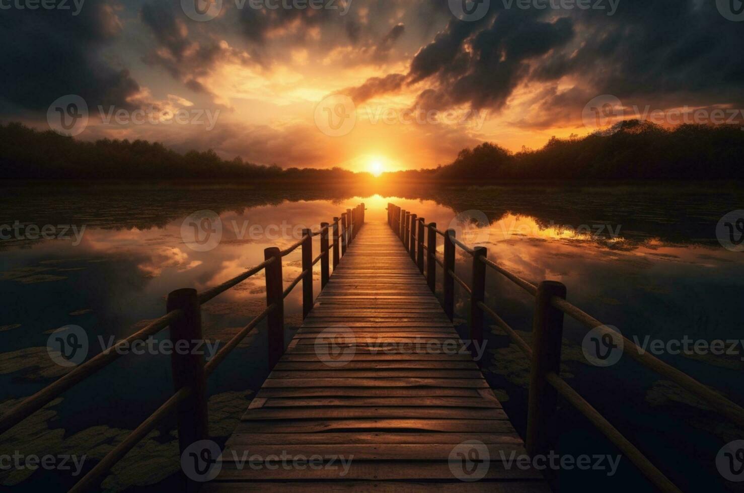 wooden bridge over the lake with beautiful sunset. generative ai photo