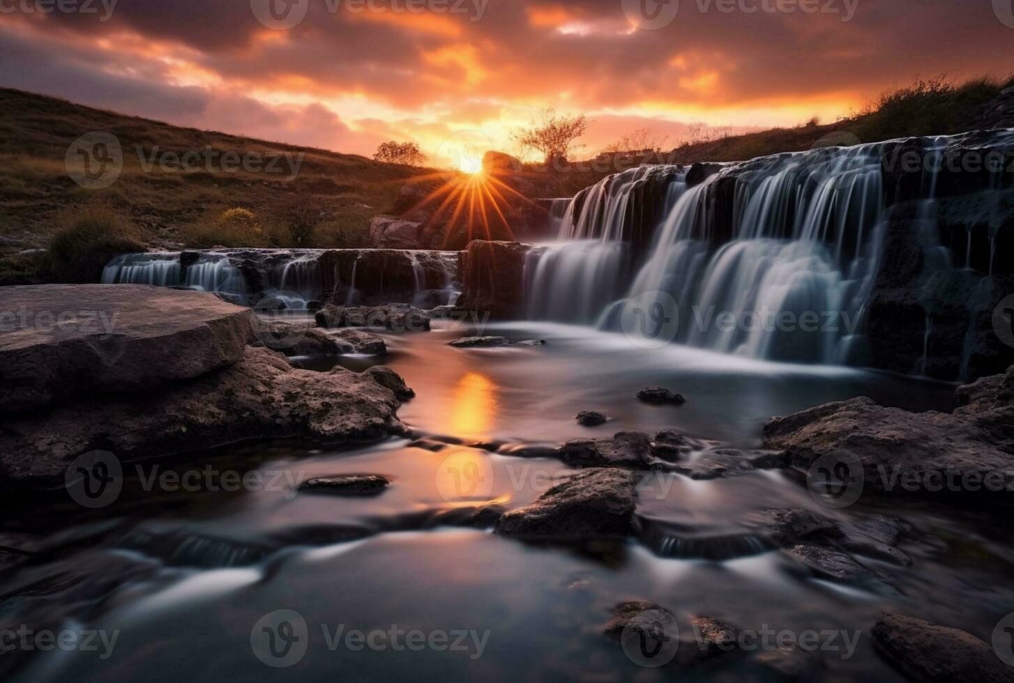 The beauty of the waterfall with the sunrise in the morning, long exposure. generative ai photo