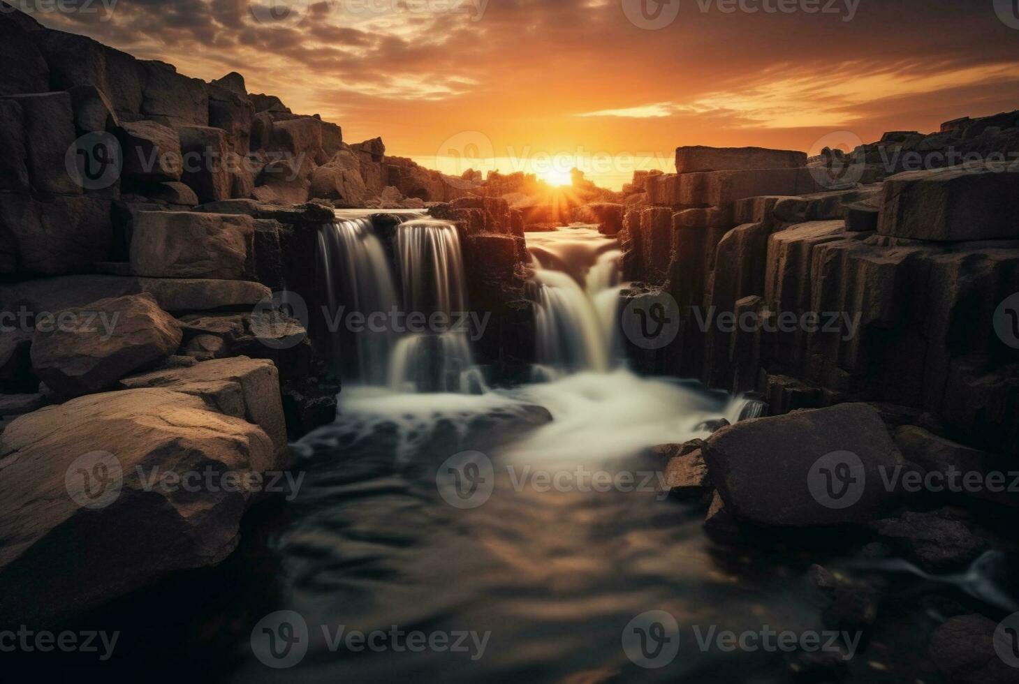 The beauty of the waterfall with the sunrise in the morning, long exposure. generative ai photo