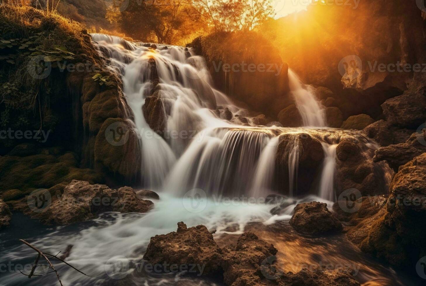 The beauty of the waterfall with the sunrise in the morning, long exposure. generative ai photo