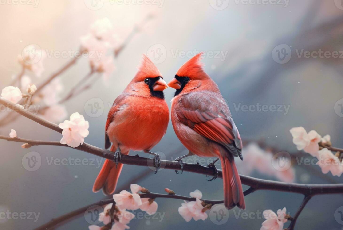 romantic coupling of cardinas birds on a branch. generative ai photo