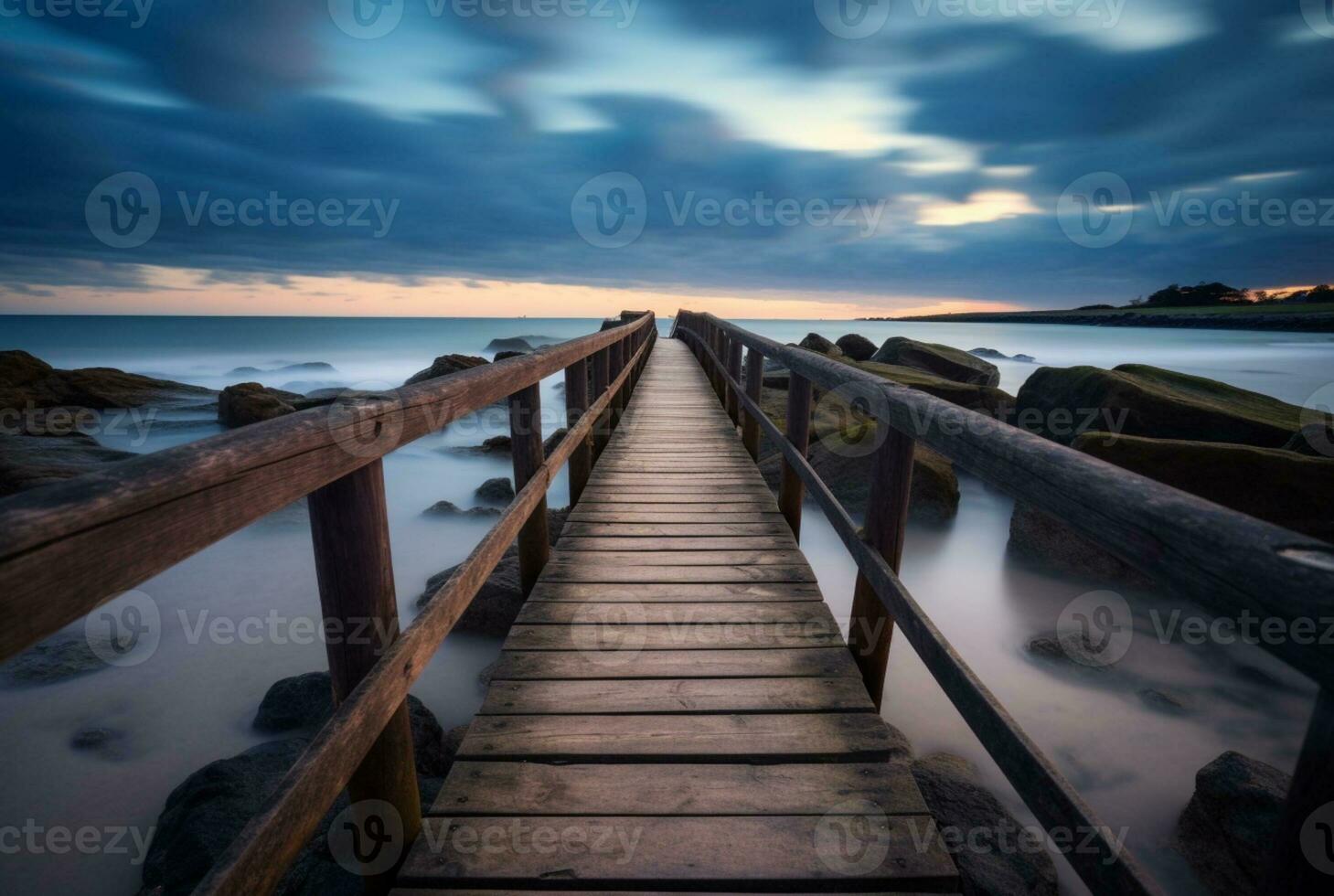 Wooden bridge with the beauty of the beach, long exposure. generative ai photo