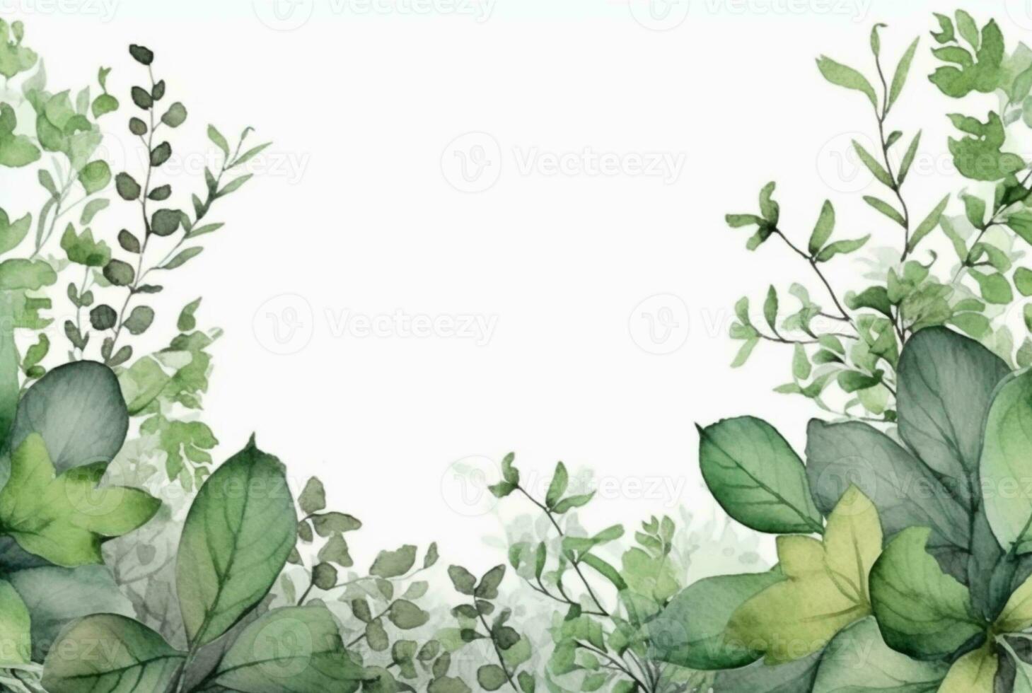 seamless watercolor floral border with green leaves on white background. generative ai photo
