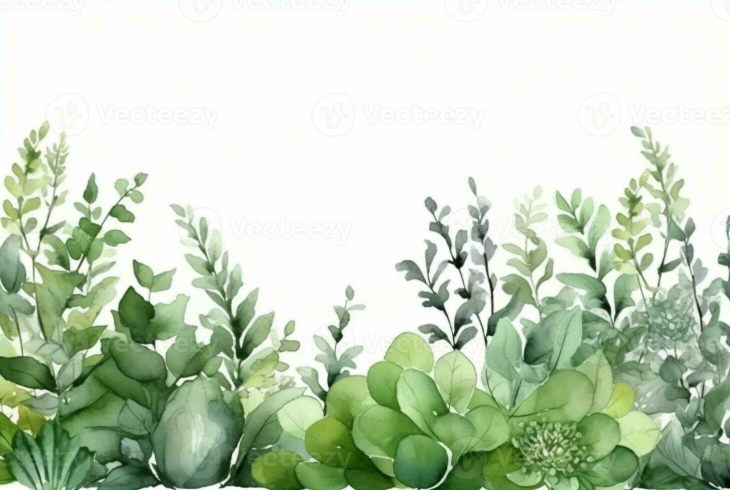 seamless watercolor floral border with green leaves on white background. generative ai photo
