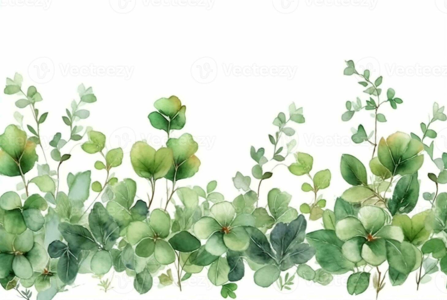 seamless watercolor floral border with green leaves on white background. generative ai photo