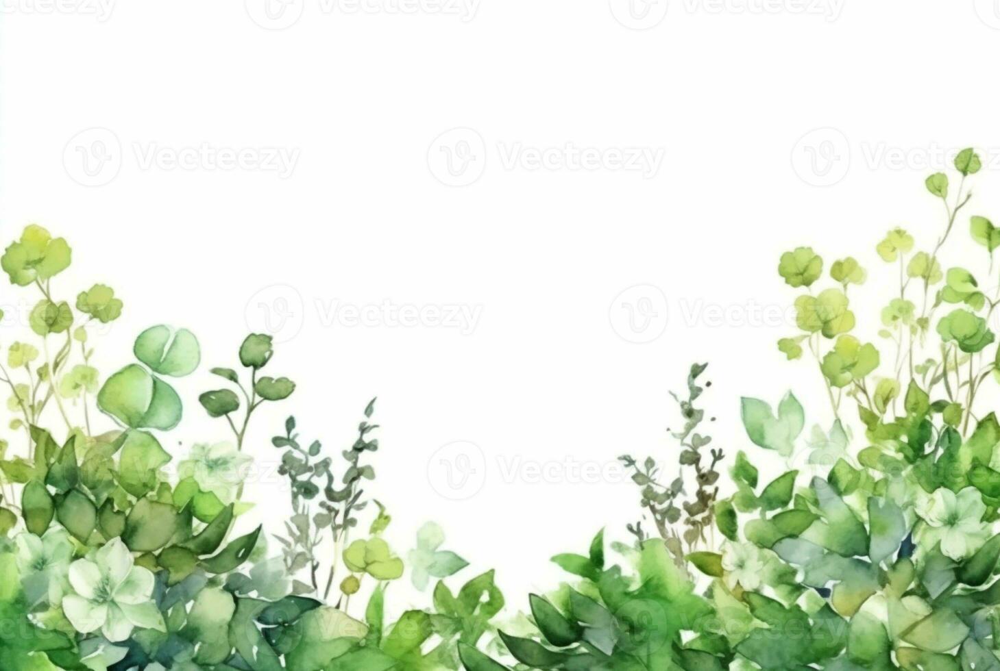 seamless watercolor floral border with green leaves on white background. generative ai photo