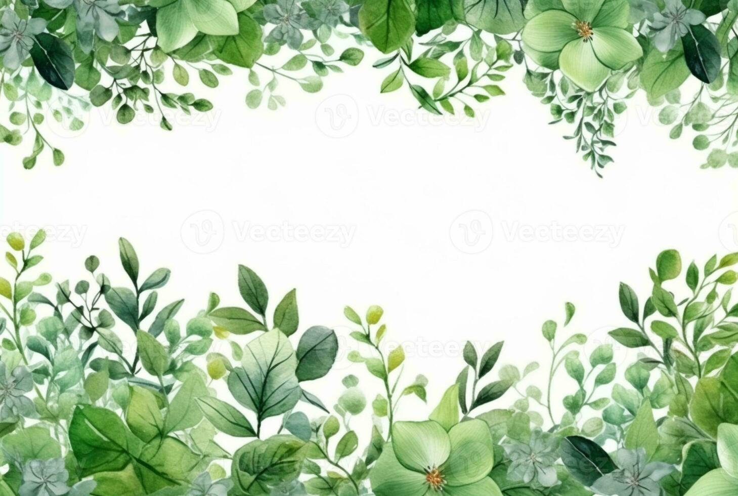 seamless watercolor floral border with green leaves on white background. generative ai photo