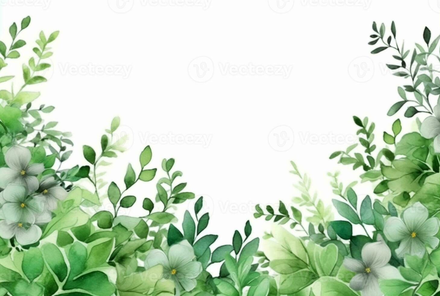 seamless watercolor floral border with green leaves on white background. generative ai photo