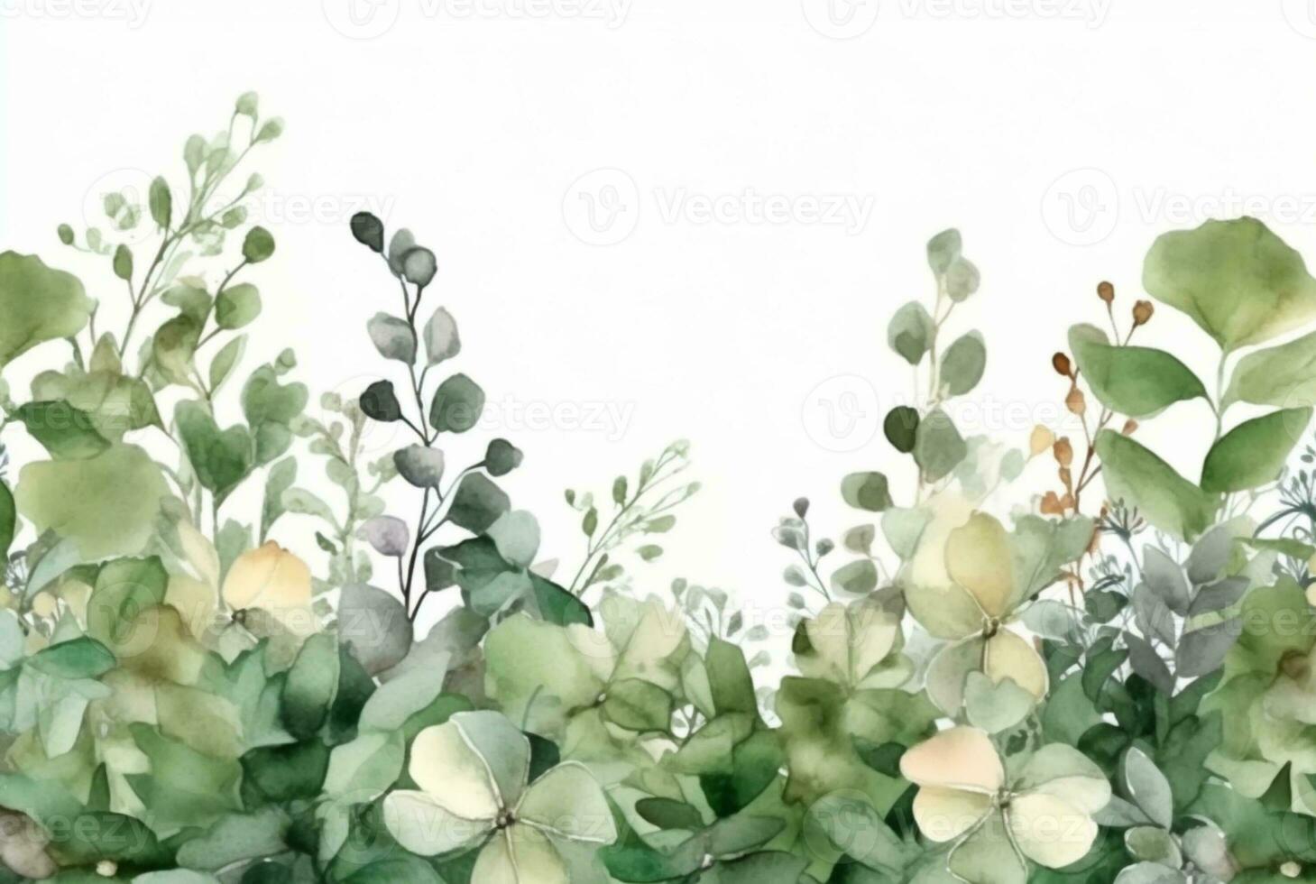 seamless watercolor floral border with green leaves on white background. generative ai photo