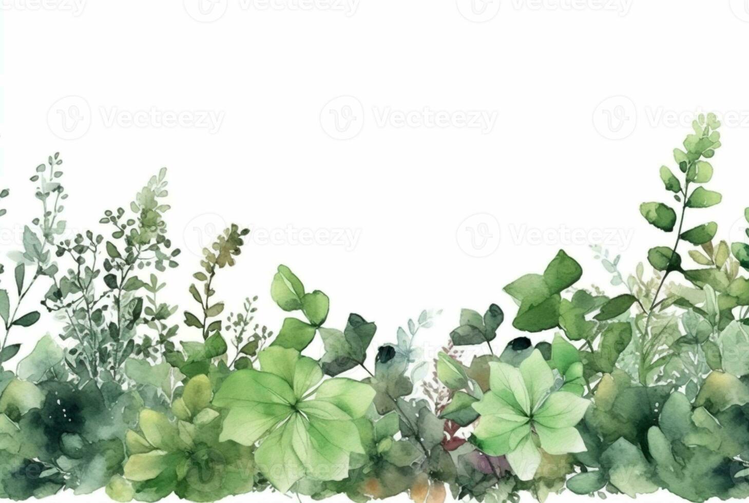 seamless watercolor floral border with green leaves on white background. generative ai photo
