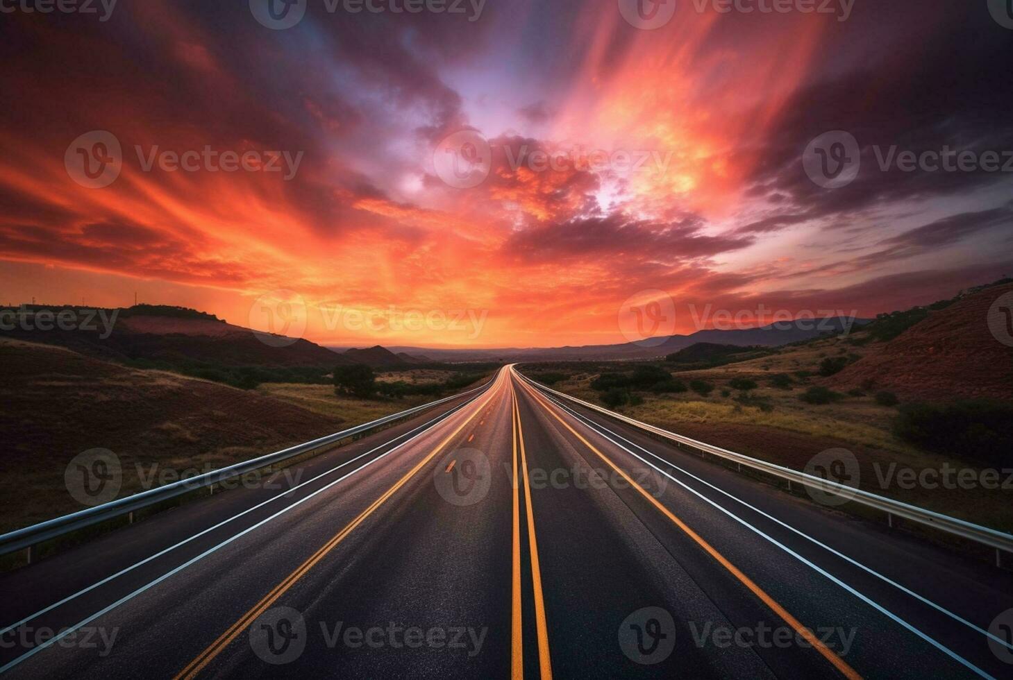 View of asphalt road with beautiful sunset in the evening. generative ai photo