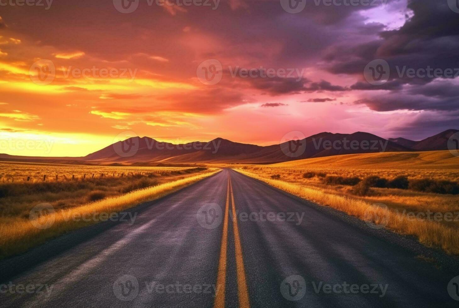 View of asphalt road with beautiful sunset in the evening. generative ai photo