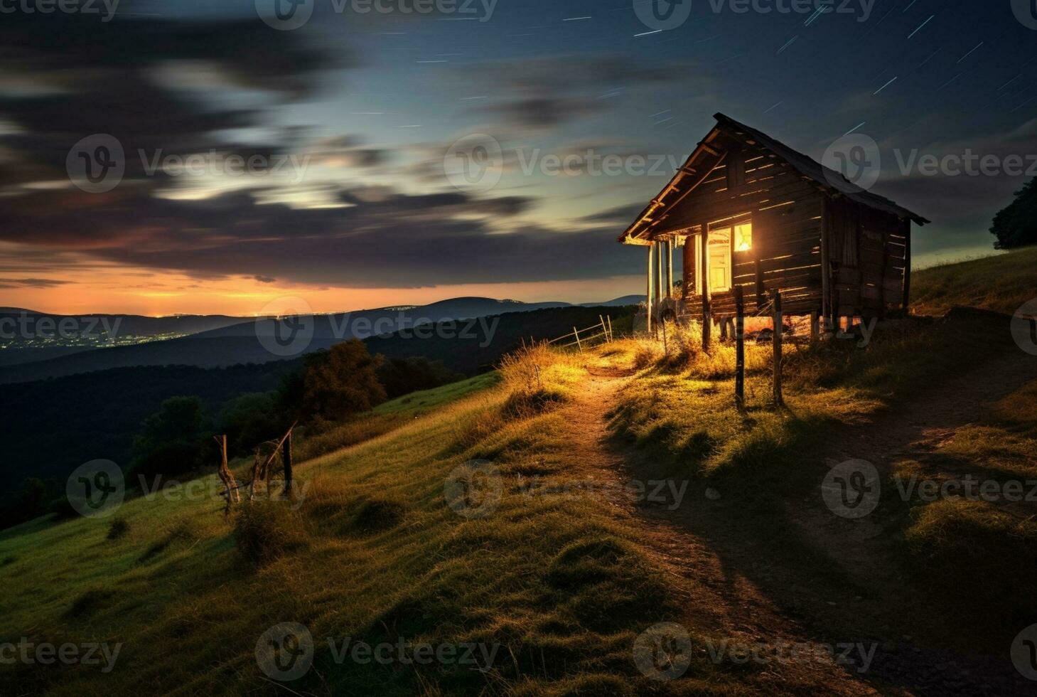 View of the hut on the hill, long exposure. generative ai photo