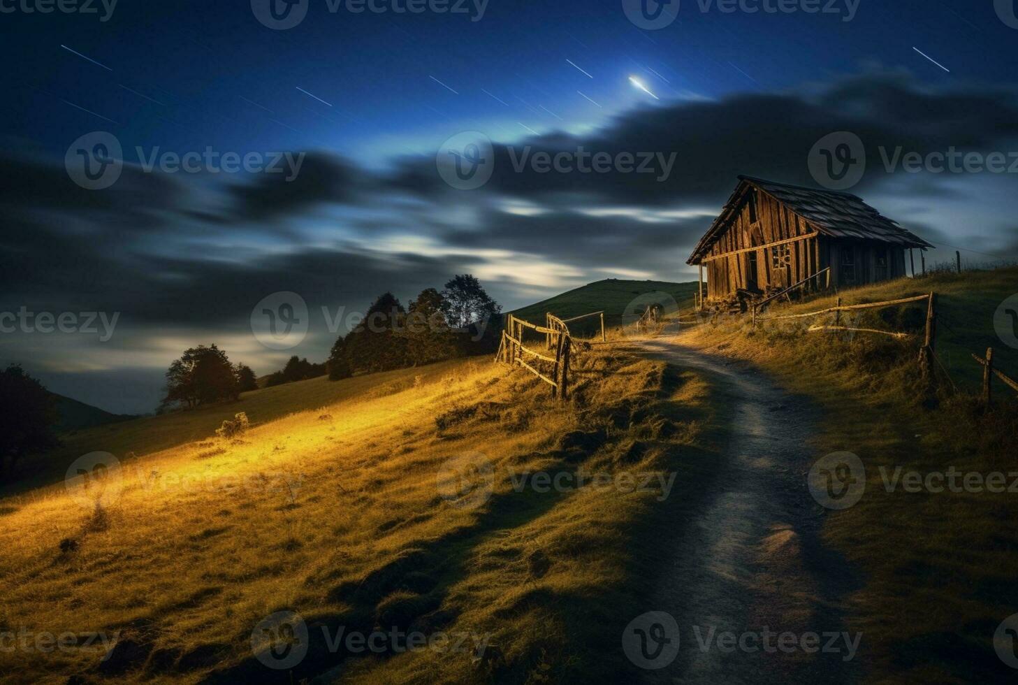 View of the hut on the hill, long exposure. generative ai photo