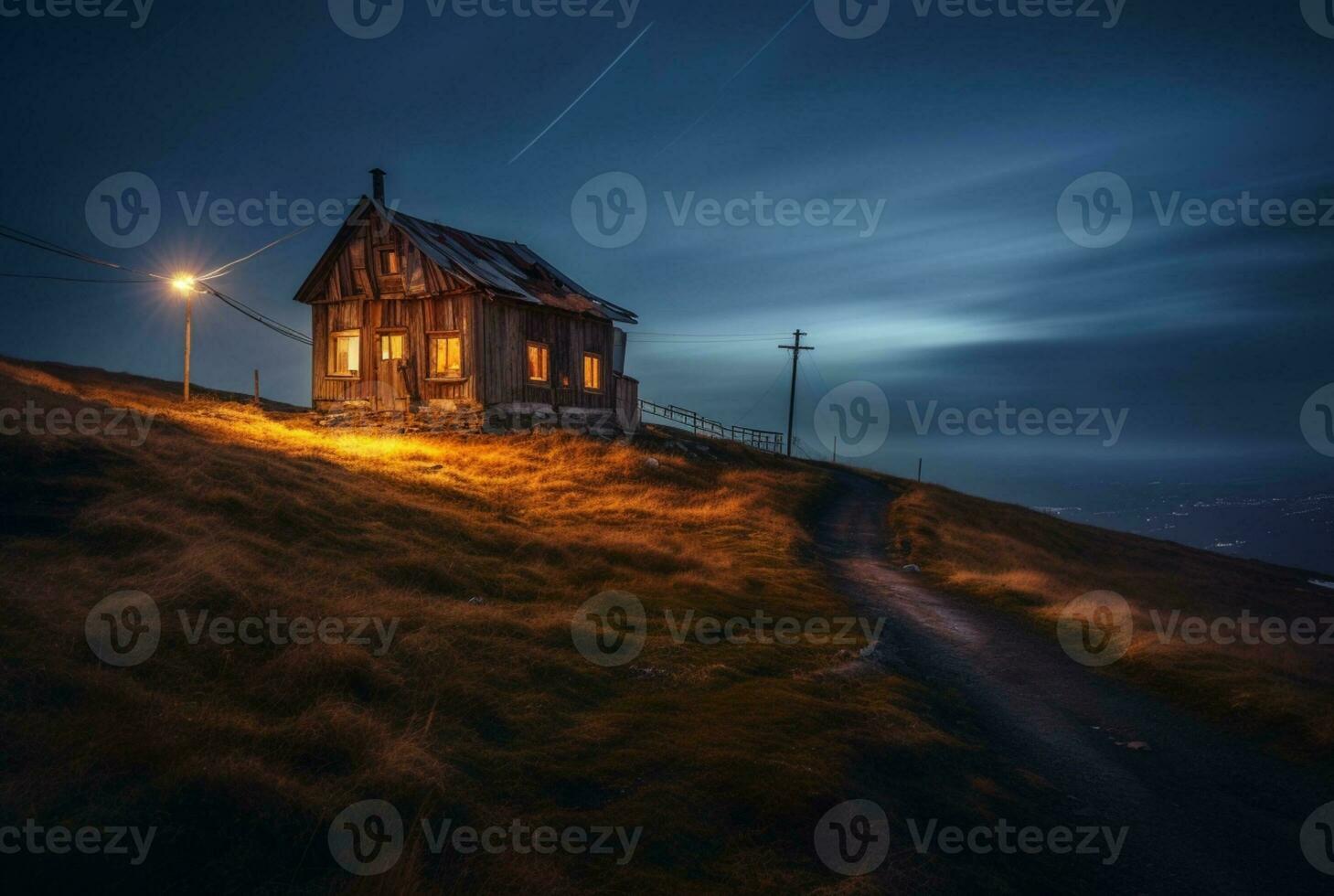 View of the hut on the hill, long exposure. generative ai photo