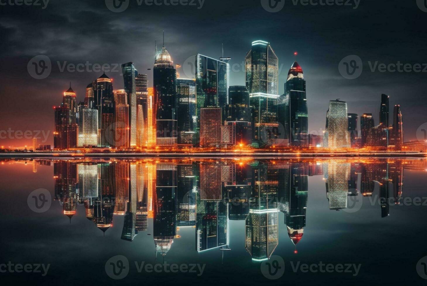 view of city from across river with reflection, long exposure. generative ai photo