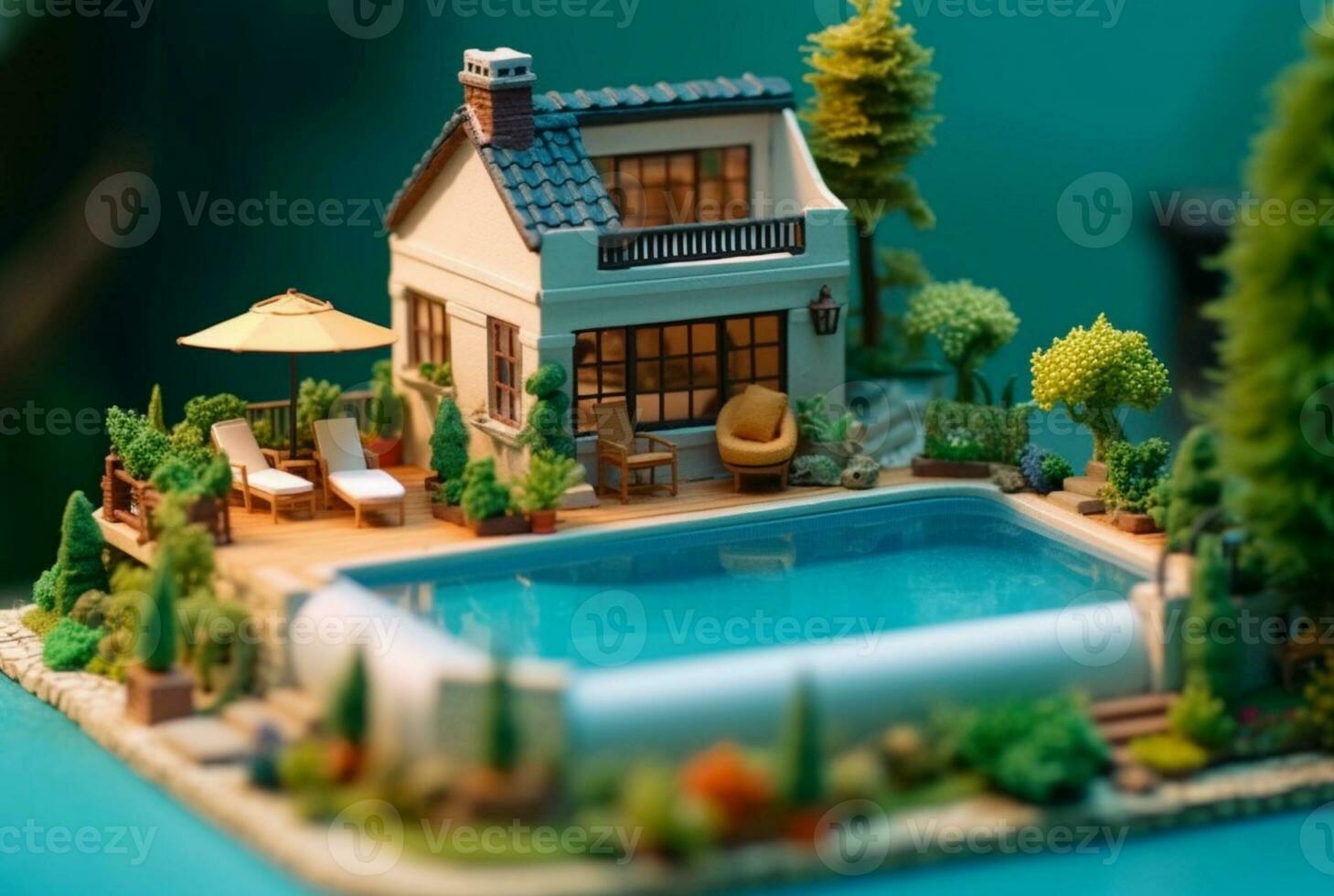 Miniature luxury house with swimming pool. generative ai photo