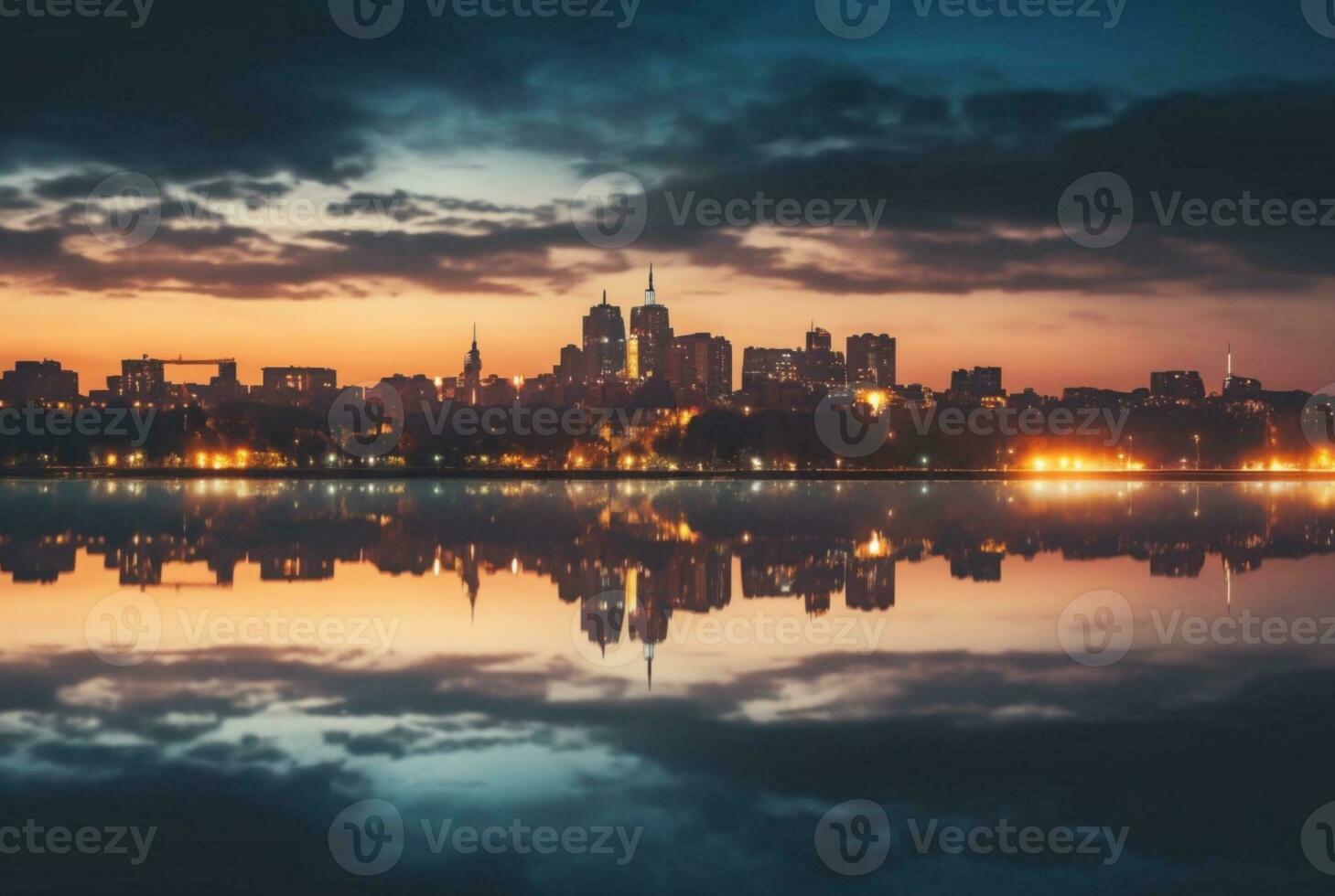 view of city from across river with reflection, long exposure. generative ai photo