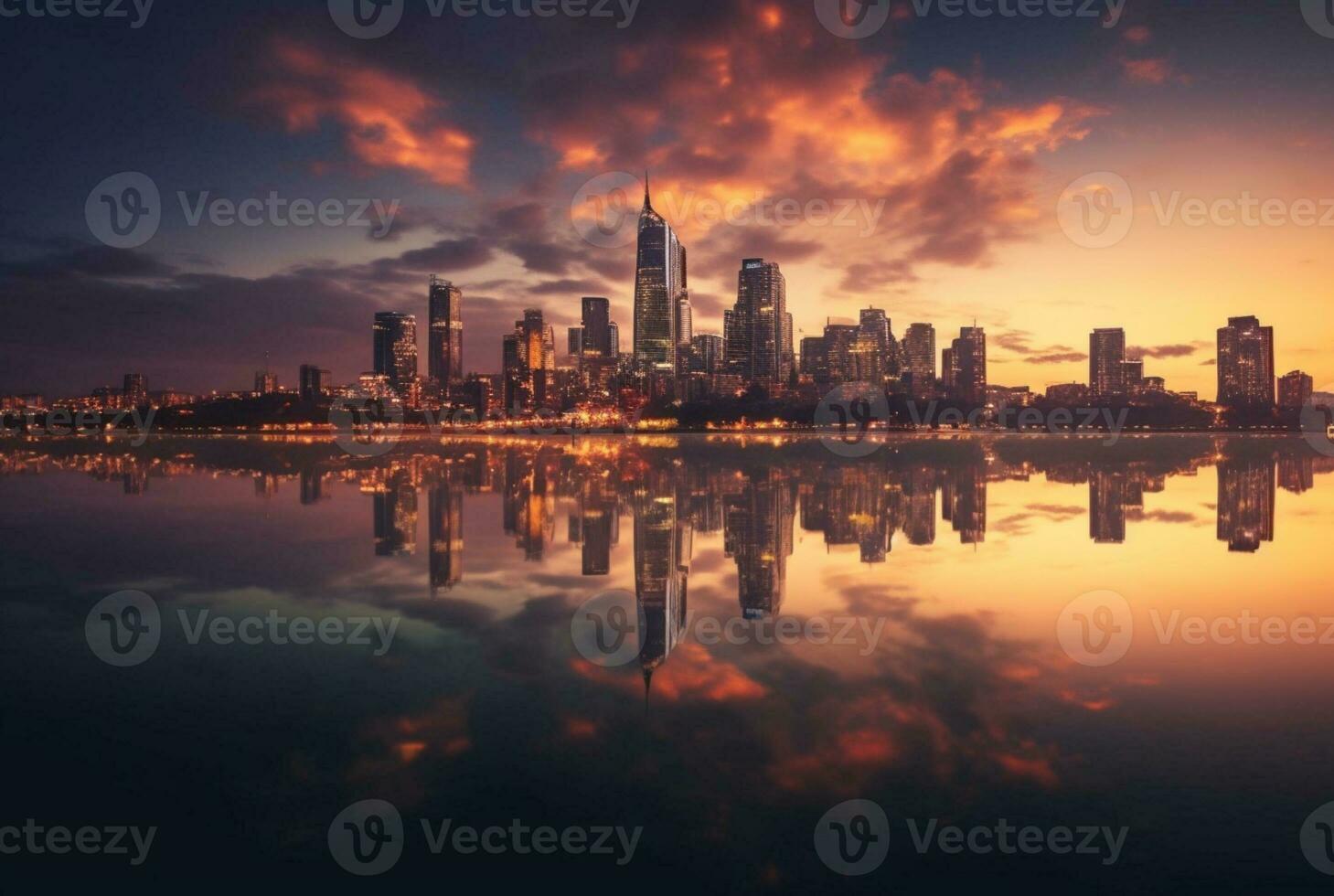 view of city from across river with reflection, long exposure. generative ai photo