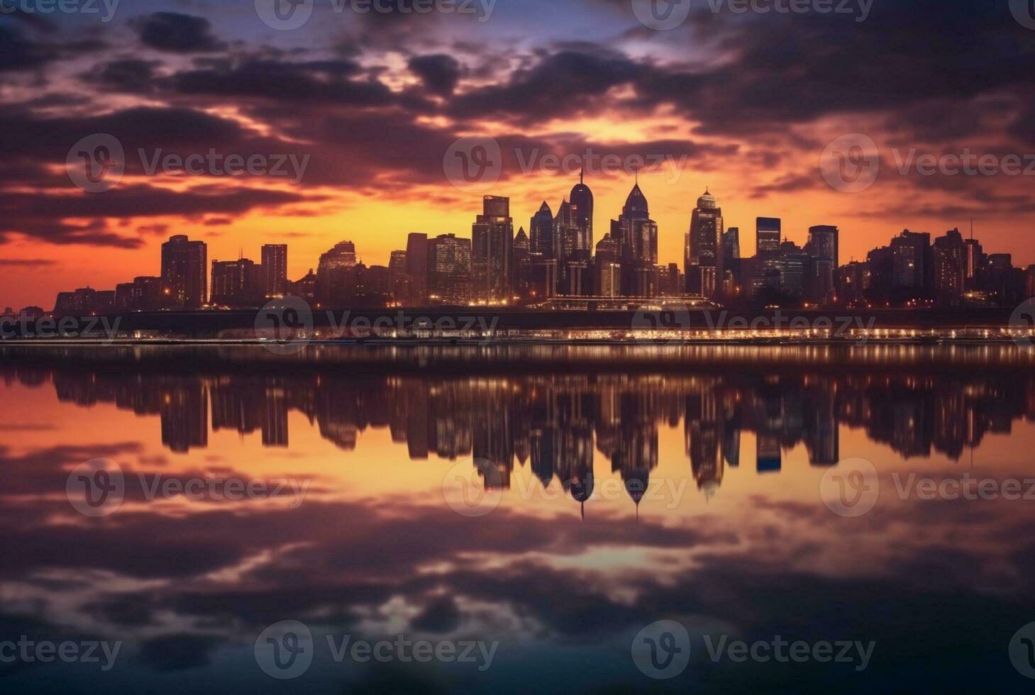 view of city from across river with reflection, long exposure. generative ai photo