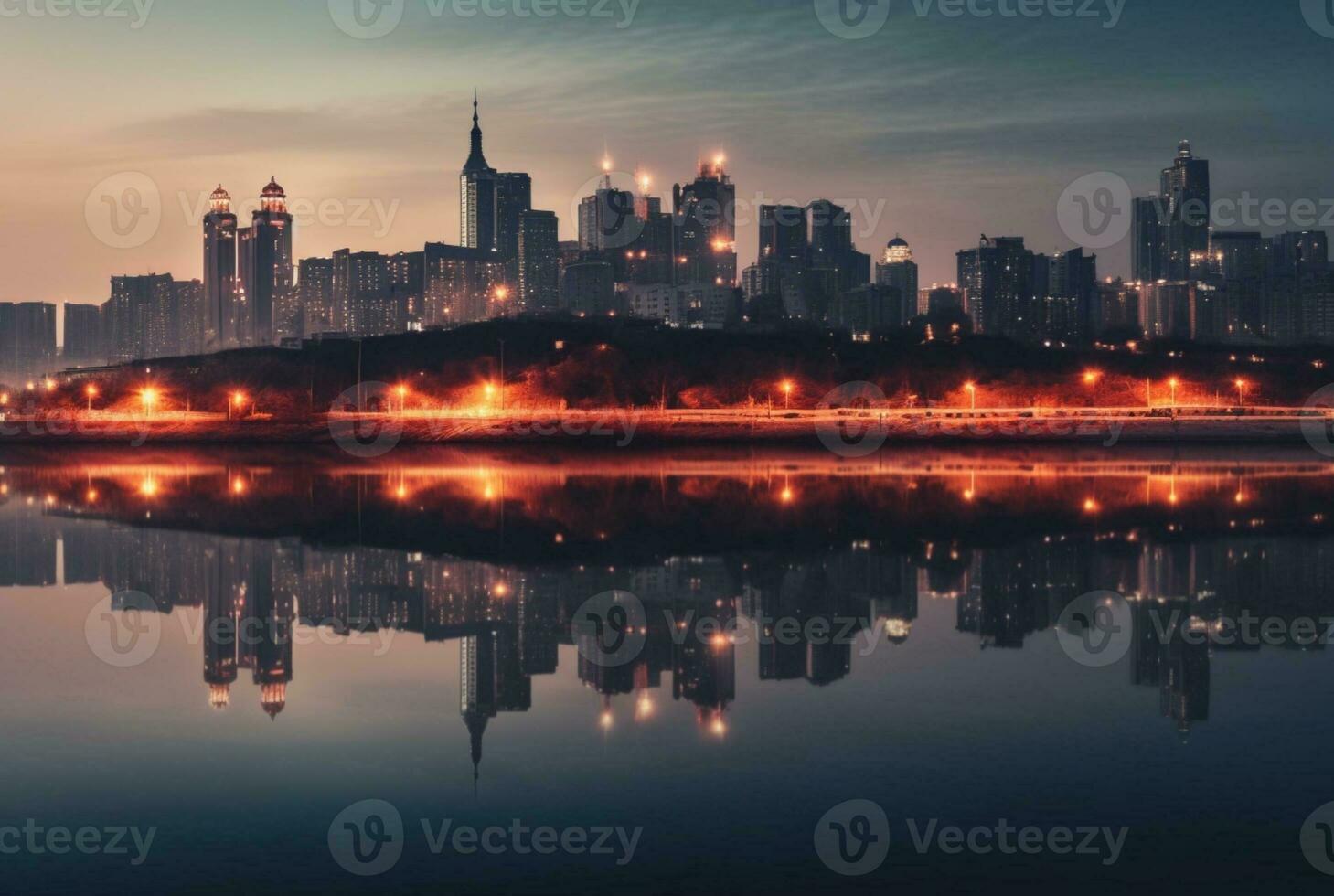 view of city from across river with reflection, long exposure. generative ai photo