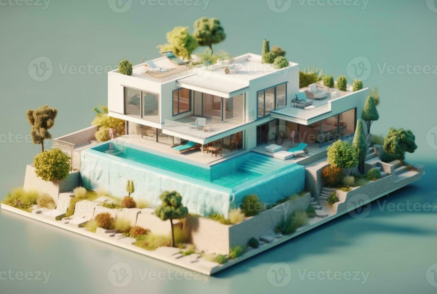 Miniature luxury house with swimming pool. generative ai photo