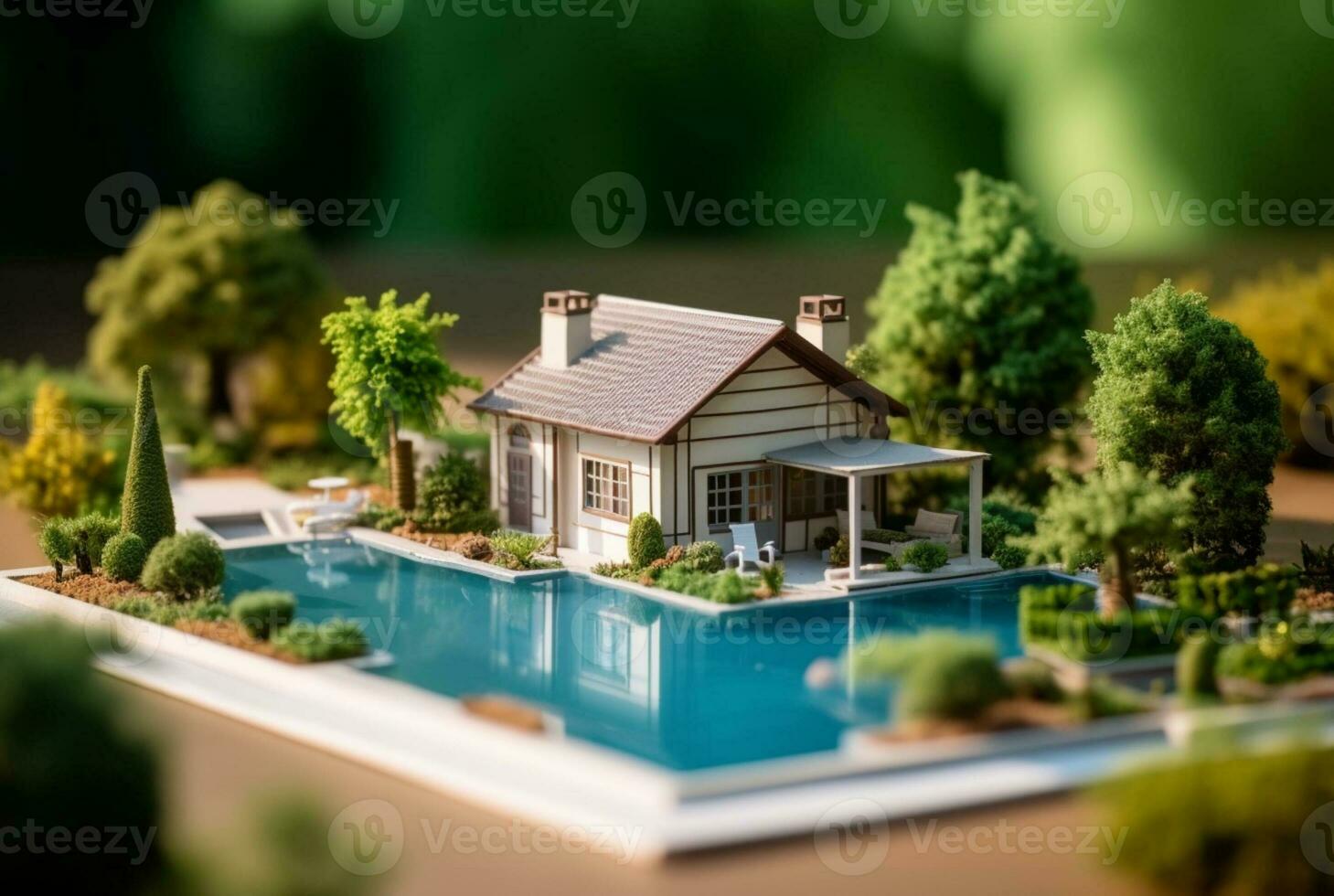 Miniature luxury house with swimming pool. generative ai photo