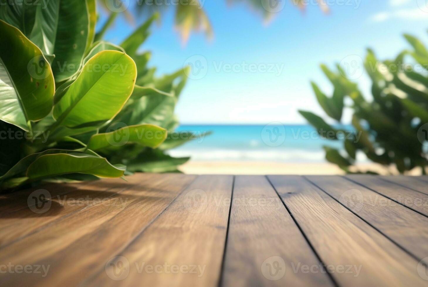 Wooden table with tropical leaves and blurred background of beach and sun light. ready for product display. generative ai photo